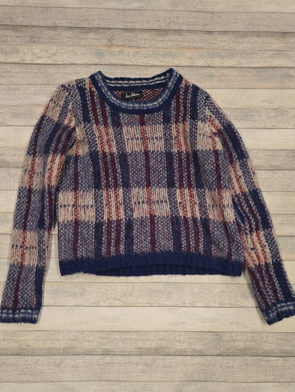 Sam Edelman Navy, Cream & Burgundy Plaid Crewneck Fuzzy Sweater Size Medium